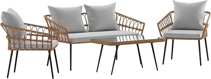 Flash Furniture Evin Boho 4 Piece Patio Conversation Set - Natural Rope Rattan - Gray All-Weather Cushions - Tempered Glass Top Coffee Table - Indoor/Outdoor
