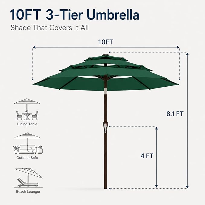 10ft Patio Umbrella, 3-Tier Vented Outdoor Table Umbrella with 8 Sturdy Fiberglass Ribs, Windproof Market Umbrella with Push Button Tilt and Crank, UV Protection for Deck, Pool, Forest Green