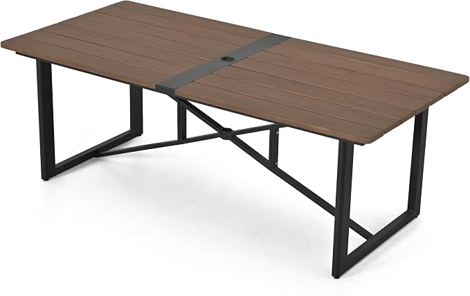 HAPPATIO Outdoor Acacia Wood Dining Table, 8-Person Patio Dining Table with Powder-Coated Aluminum Frame, Rectangle Outdoor Dining Table with Umbrella Hole for Deck Yard Garden