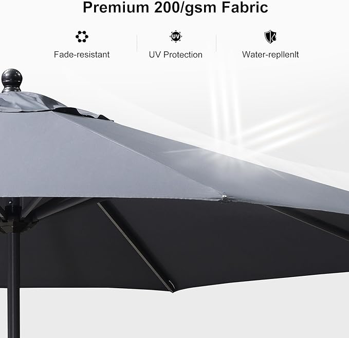 PURPLE LEAF 11' Round Patio Market Umbrella with Base Outdoor Table Umbrellas Aluminum Frame Sun Shade with 8 Sturdy Ribs for Garden Deck Lawn Pool Gray