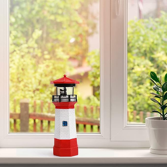 LED Solar Powered Lighthouse, Indoor Outdoor Lighthouse with Rotating Beacon LED Lights, Courtyard Waterproof Landscape Lights for Garden Patio Landscape Outside Yard Gifts Black