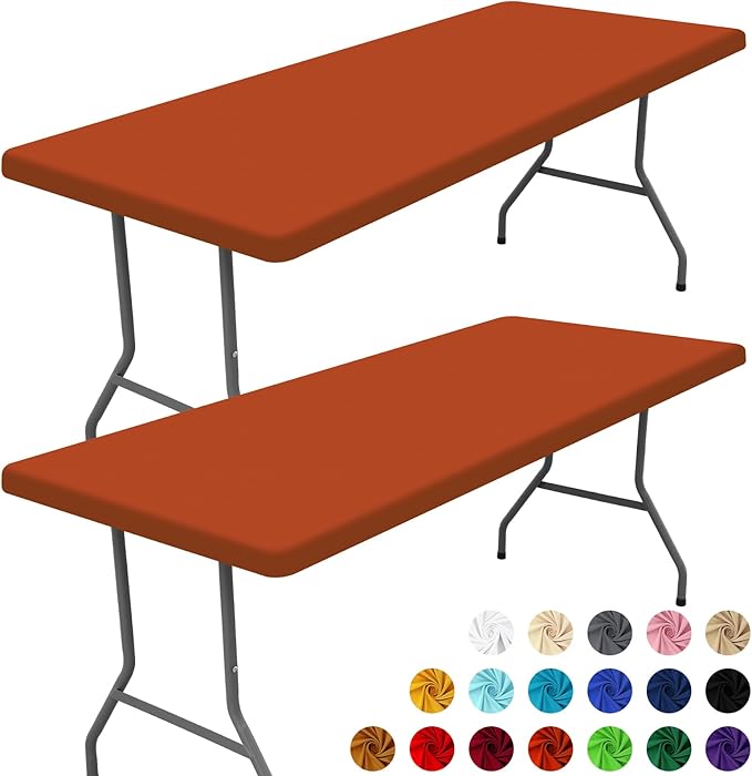 Moosfor Spandex 4 Foot Rectangle Thanksgiving Table Cloth 2 Pack, Elastic Fitted Tablecloths for Picnic, Stretch Washable Patio Table Cover for Outdoor, Camping, Banquet and Parties (Rust, 30"x48")