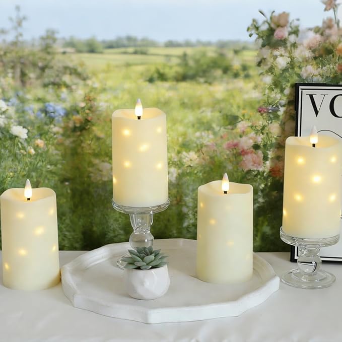 Lezonic Flameless Waterproof Outdoor Candles with Flickering Dancing Flame, 4Pcs Battery Operated Candles with Remote, Ivory LED Pillar Built-in String Lights for Patio Wedding Decor, 3.25" x 6"