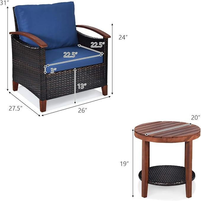HAPPYGRILL 3 Pieces Rattan Furniture Set Outdoor Patio Conversation Set Wicker Sofa Set with Cushion & Acacia Wood Frame, Table & Chairs Set for Garden Poolside Balcony
