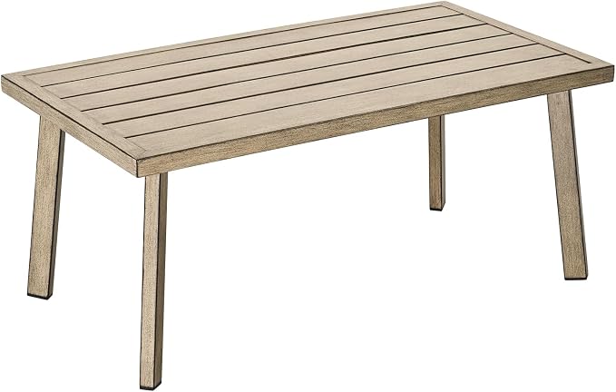 Patio Coffee Table, Never-Rust Aluminum Outdoor Coffee Table with Wood Grain Texture, Modern Rectangle Garden Coffee Table with Slatted Tabletop for Poolside, Decks, Indoor, Balcony, Gray Oak
