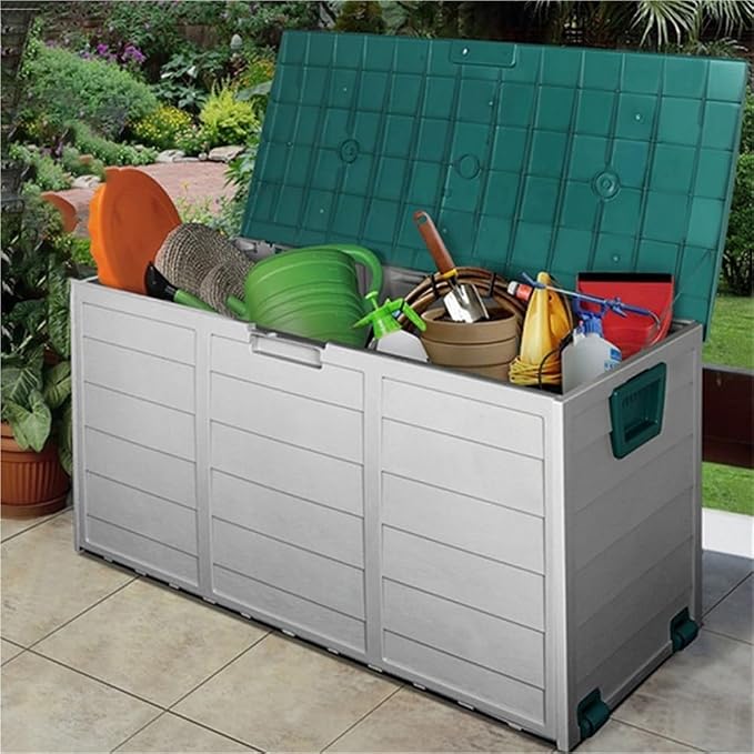 Plastic Outdoor Storage Box with Wheels, Movable Deck Box for Patio, Water-Resistant Tool Chest Cabinet, Portable Storage Bin for Garden, Yard and Balcony(Brown)