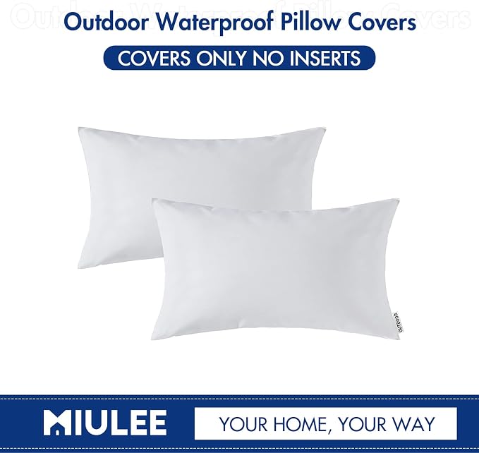 MIULEE Pack of 2 Decorative Outdoor Waterproof Pillow Covers White Bundle Set of 2 Pillow Inserts 12x20