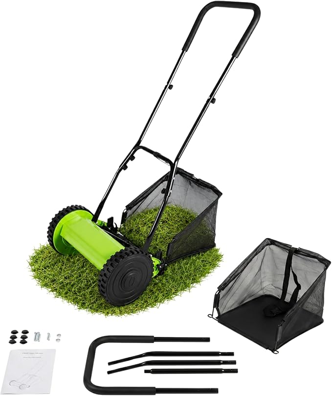 Manual Push Reel Lawn Mower 12-Inch,Walk-Behind Push Lawn Mower with Adjustable Cutting Height, 5-Blade Cordless Push Mower with Grass Catcher, Small Push Mower for Yard Garden
