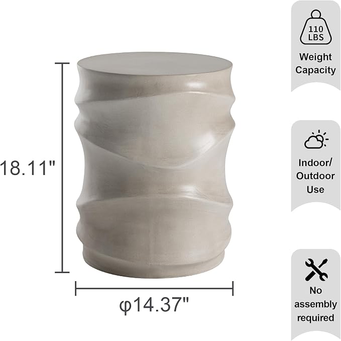 HOMPUS Outdoor Side Table w Water Wave, Unique End Table Patio, Small MgO Round Coffee Table, Lightweight Modern Vintage Garden Plant Stand for Indoor Outdoor Use, Grey