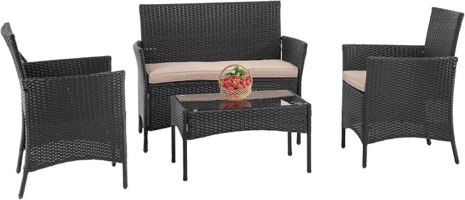 FDW Patio Furniture 4 Pieces Outdoor Indoor Use Rattan Chairs Wicker Conversation Sets for Backyard Lawn Porch Garden Balcony,Black