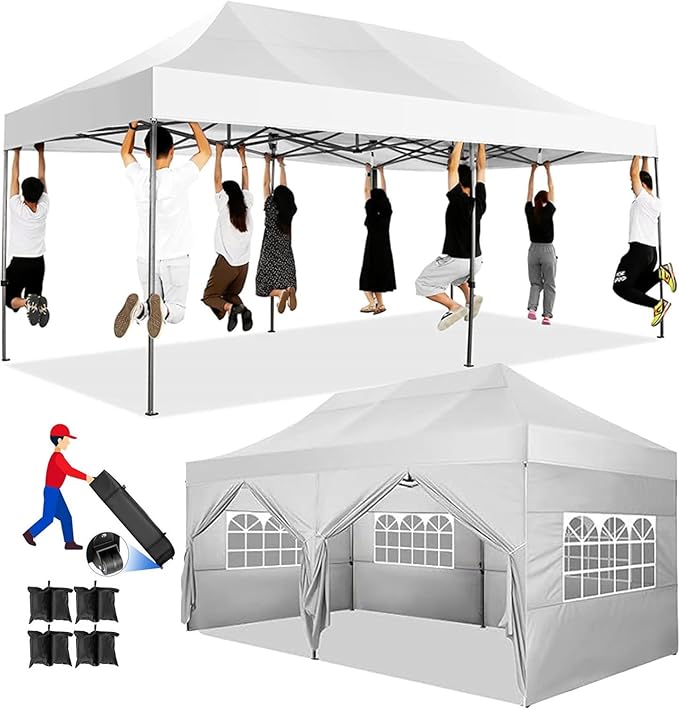 COBIZI 10x20 Pop up Canopy Tent Heavy Duty, Easy Set-up Commercial Outdoor Party Tents, 100% Waterproof Wedding Gazebo, 3 Height Adjustable with Wheeled Bag, White