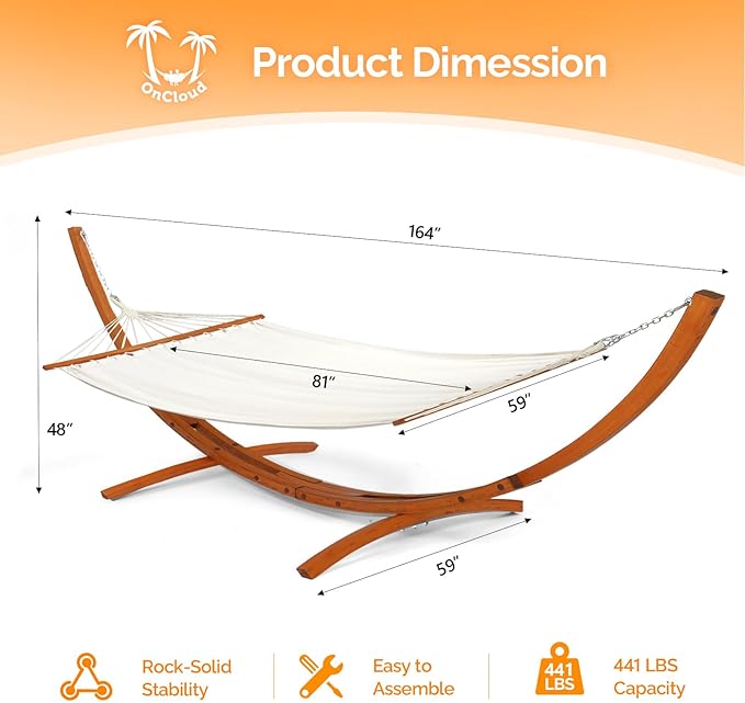 ONCLOUD Premium Double Hammock Set with Curved Hardwood Stand - 10.5ft Outdoor Relaxation System (400lb Capacity) (Teak, 14ft Set)