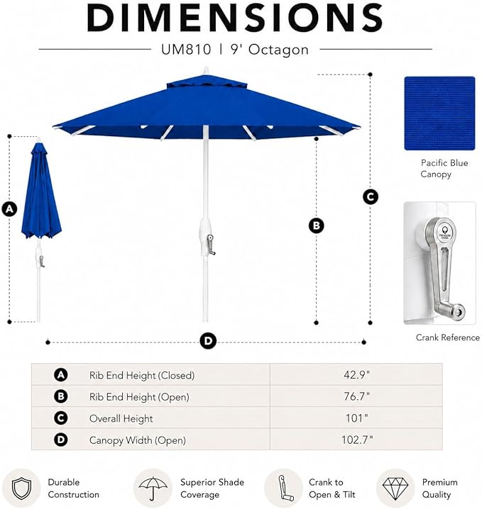 Treasure Garden 9ft Patio Umbrella - Outdoor Furniture Market Umbrella – Deluxe Auto-Tilt – White Aluminum Frame (Sunbrella, Pacific Blue)