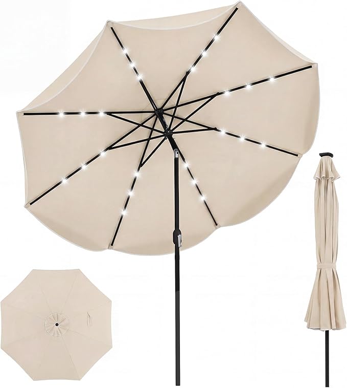 Tangkula 10 FT Solar Patio Umbrella, 2-Tiers Outdoor Scalloped Table Umbrella with 24 LED Lights, Tilt Adjustment, Crank, 8 Ribs for Market Backyard Pool Deck Beach Lawn (Beige)