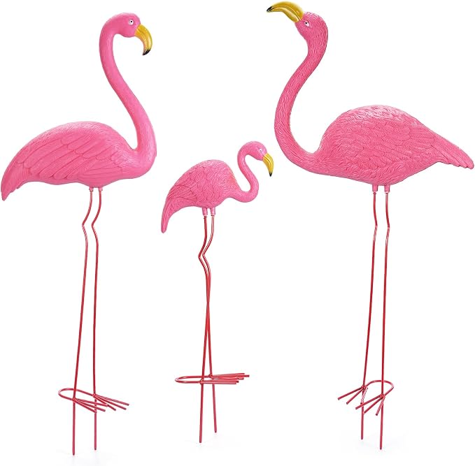 Ohuhu Family Flamingo Yard Ornaments, Set of 3 (32", 31", 19"), Pink | Metal Feet Stakes Bright Pink Flamingos Family, Garden Yard Patio Decoration, Great Party Decor Outdoor Gift