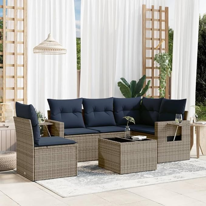 vidaXL Patio Sofa Set with Cushions 6 Piece, Outdoor Conversation Set, Patio Sectional Sofa for Balcony Garden, Modern Style, Gray Poly Rattan