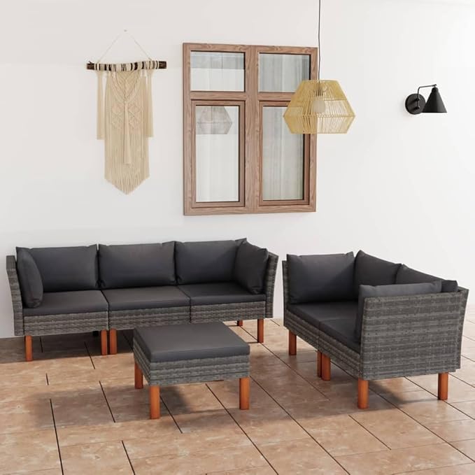 6 Piece Patio Lounge Set with Cushions, Sectional Sofa Outdoor Sofa Sets Front Porch Furniture Patio Conversation Set for Negotiation Area Poolside Piazza Exhibition Poly Rattan Gray