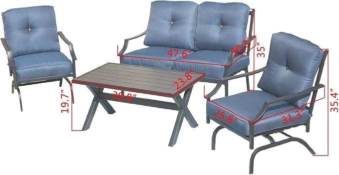 4 Pices Patio Furniture Conversation Set,Metal Outdoor Furniture Set w/All Weather Cushioned Loveseat,Poolside Lawn Chairs,Coffee Table