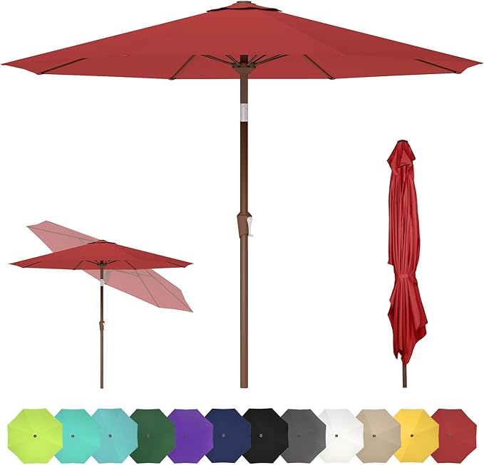 GREENVINES 9-FT-Patio-Umbrella | Outdoor-Table-Umbrellas | 8 Sturdy Fiberglass Ribs | Push Button Tilt & Crank | Waterproof | Market Umbrella | for Pool Backyard Garden Deck | Red