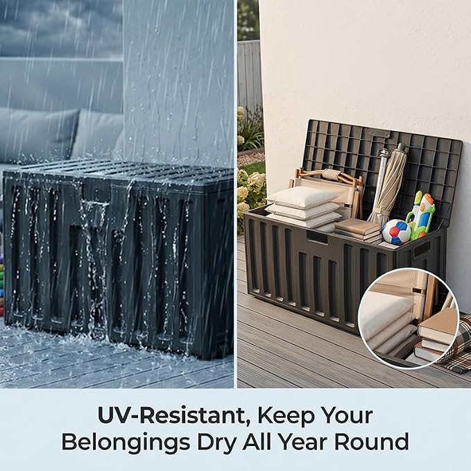 76 Gallon Outdoor Deck Box with Wheels & Lockable Lid - Waterproof UV Resistant Resin Storage Box, Patio Bench Container for Garden Tools, Pool Accessories, Backyard Porch & Patio Cushions (Black)