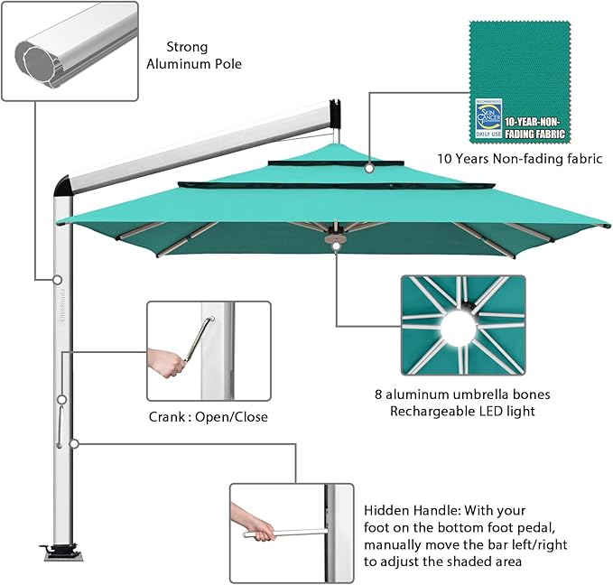 EliteShade USA Atlas 3-Tier 10x10FT Full Aluminum Cantilever Patio Umbrella for Outdoor restaurant Garden Courtyard Deck Pool and Marketing with Light,Teal