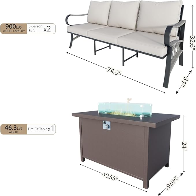 3 Pieces Outdoor Patio Conversation Sets, Outdoor Furniture Set Metal 2 Three-Seater Sofas with Fire Pit Table for Backyard Deck Porch Poolside, Beige