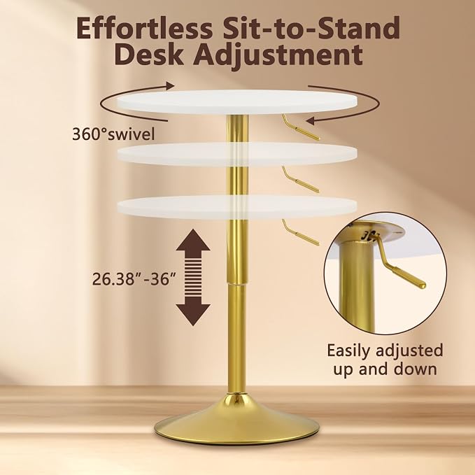 CLATINA Round Bar Pub Tables Set of 10, 26"-36" Height Adjustable Bistro Table with Gold Base, 360° Swivel High Top Cocktail Table for Home Kitchen Party Drink Restaurant Wedding Cafe Reception, White