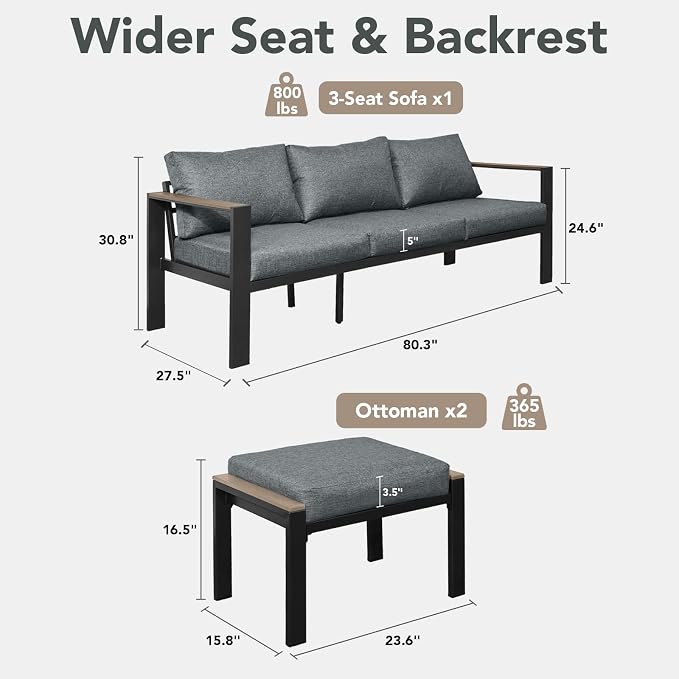 Outdoor Patio Furniture Set 3 Seats Sofa and Ottomans with Washable Thick Cushions, All-Weather Luxury Aluminum Modern Outside Sectional Set for Porch, Balcony, Deck, Yard, Gray