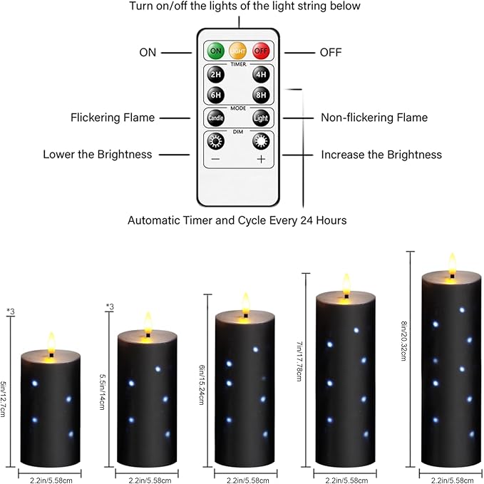 Nimiko Flickering Flameless Candles with Remote Control and Timer Set of 5 Pc Real Wax LED Pillar Candles, Battery Operated Candles（D2.2×H5/5.5"/6"/7"/8"） Halloween Decorations Home Decor （Black）
