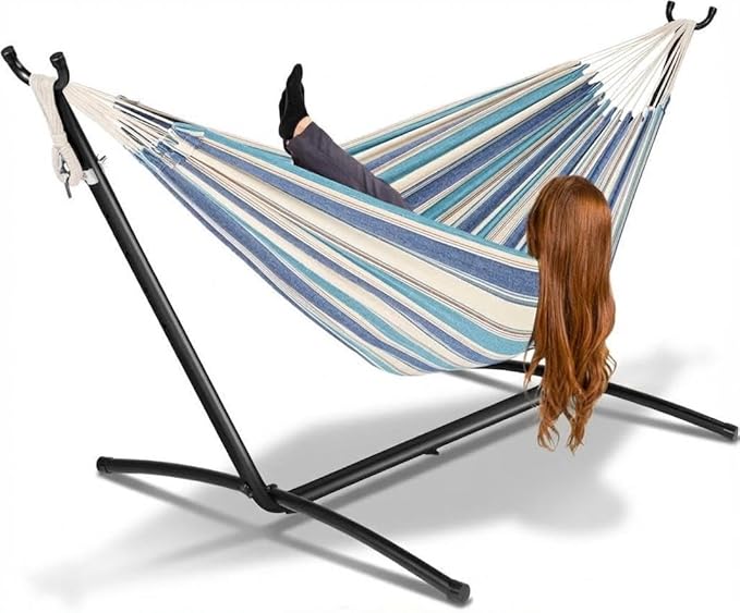 Double 2 Person Hammock with Heavy Duty Steel Stand, Indoor Outdoor Hammock with Carry Bag, 450LBS Weight Capacity, Space Saving Hammock for Garden Patio Camping Beach