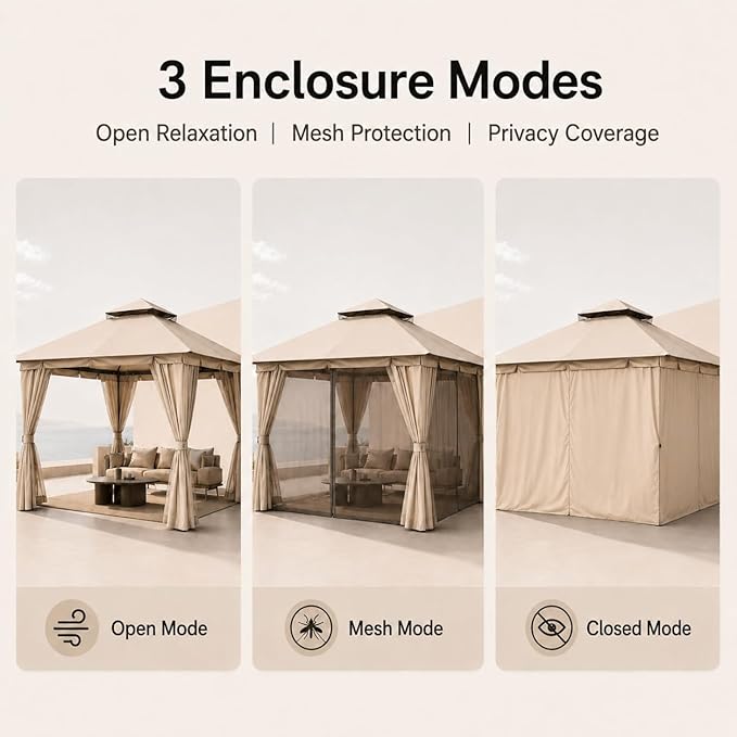 Kingdura 10'x13' Outdoor Gazebo, Heavy Duty Metal Patio Canopy Tent Shelter with Double Roof, Mosquito Netting & Privacy Curtains for Backyard, Garden, Deck, Lawn, Khaki