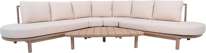 Merax 5 Piece Patio Acacia Wood Curved Sectional Sofa Set, Outdoor Half- Moon Sofa Couch with Waterproof Cushions, 1 Coffee Table for Garden, Lawn, Backyard, Poolside, Beige+Brown