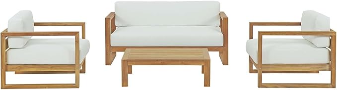 Modway Upland Teak Wood Outdoor Patio 4-Piece Sectional Sofa Set with Cushions in Natural White