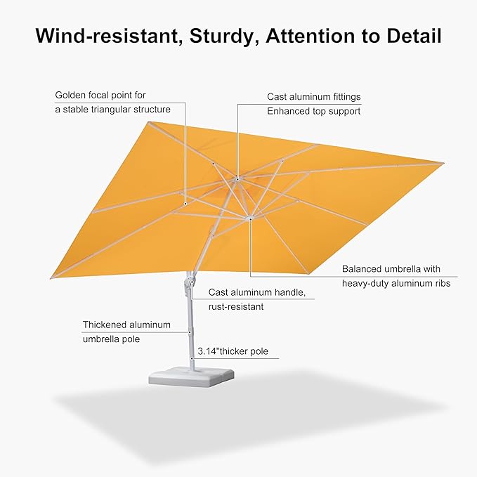 PURPLE LEAF 10' × 13' Patio Umbrella With Base White Cantilever Umbrella Square Outdoor Offset Umbrella Windproof with 360° Rotation for Garden Deck Pool, Yellow