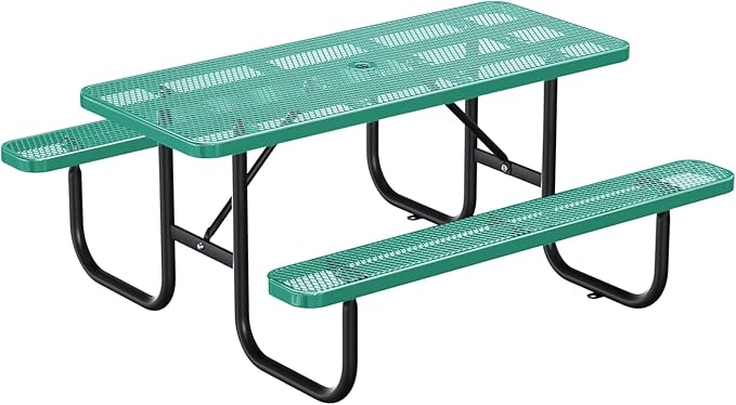 6FT/72IN Heavy Duty Outdoor Picnic Table and 2 Benches for 4-8 People, Weather Resistant Rectangular Steel Picnic Table Set with Umbrella Hole for Yard Patio Lawn Party Green