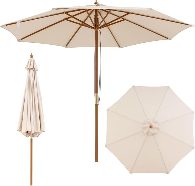 HAPPYGRILL 9 FT Patio Umbrella, Outdoor Table Market Umbrella with 8 Sturdy Bamboo Ribs, Wood Pole, Sun-Protective Double-Tier Canopy, Air Vent, Sunshade Parasol for Garden Deck Backyard Pool (Beige)