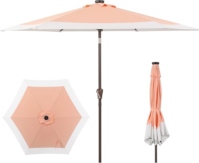 JONATHAN Y Spencer 9 ft. Solar Powered LED Patio Umbrella with Crank and Tilt, Hexagon Outdoor Market Sunshade for Garden, Deck and Pool, Coral Pink/White, Dark Brown Pole UMB1100D