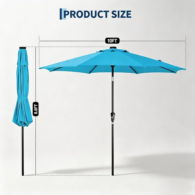 Garvee 10FT Patio Umbrella with 32 Solar LED Lights, Outdoor Table Market Umbrella with Tilt and Crank, 8 Sturdy Iron Ribs Sun Shade for Garden, Deck, Backyard and Pool, Turquoise Blue