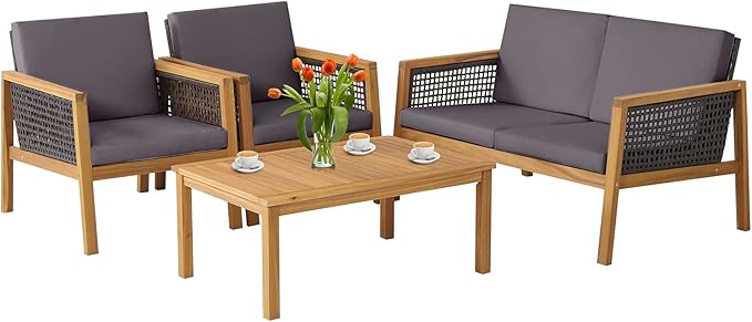 4 Pieces Outdoor Acacia Wood Furniture Sofa Set, Outdoor PE Wicker Conversation Set with Coffee Table and Soft Cushions for Garden, Poolside and Backyard (1, Grey)