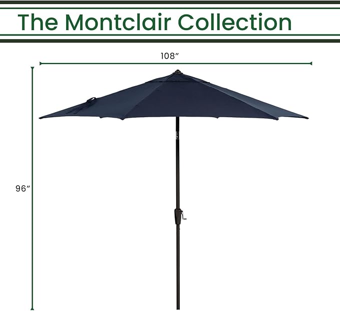 Hanover Montclair 9' Market Outdoor Umbrella, All-Weather, Crank Lever, Navy