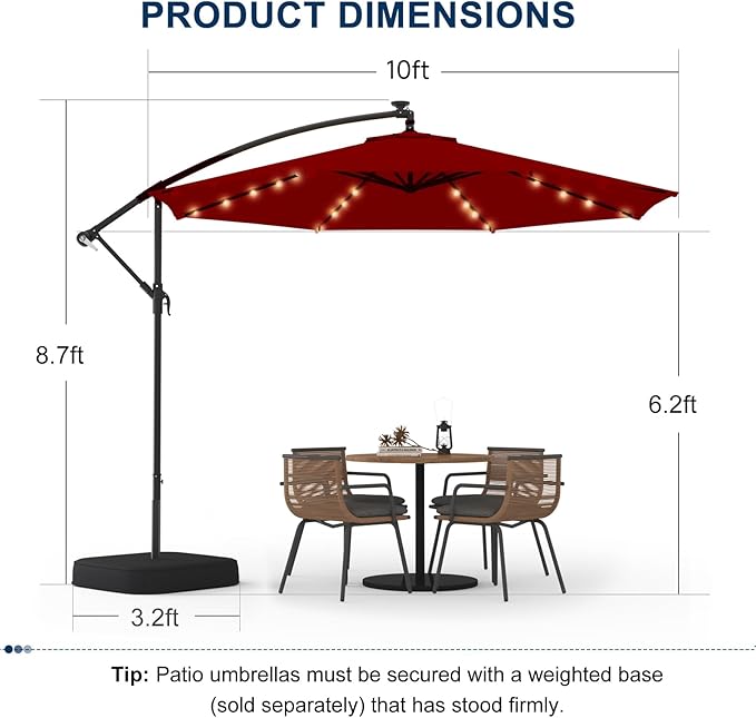 EROMMY 10FT 40-LED Solar Lighted Patio Umbrella with Base Included, Outdoor Offset Cantilever Umbrella, Infinite Tilt, Crank and Cross Base, UV Protection for Backyard, Lawn, Garden & Pool