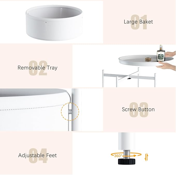 Garden 4 you Side Table with Fabric Storage Basket, Round Metal End Table, Small Bedside Table Nightstand with Removable Tray, for Nursery, Living Room, Bedroom, Bathroom, White