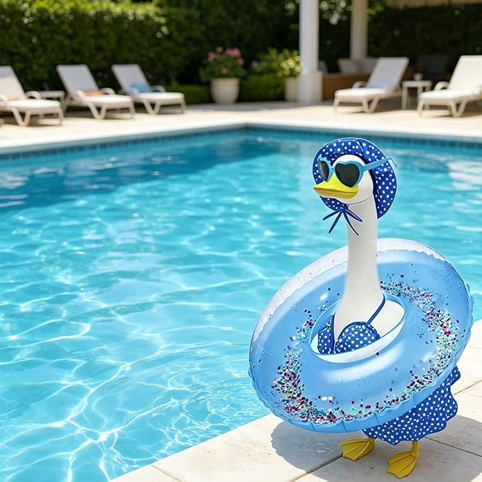 Hawaiian Porch Goose Outfits with Hat Sunglasses & Swim Ring, Summer Bikini Goose Swimsuit Clothes Costume Fits 23" Cement Geese Statue, Summer Garden Lawn Patio Yard Outdoor Decor (Summer style-Blue)