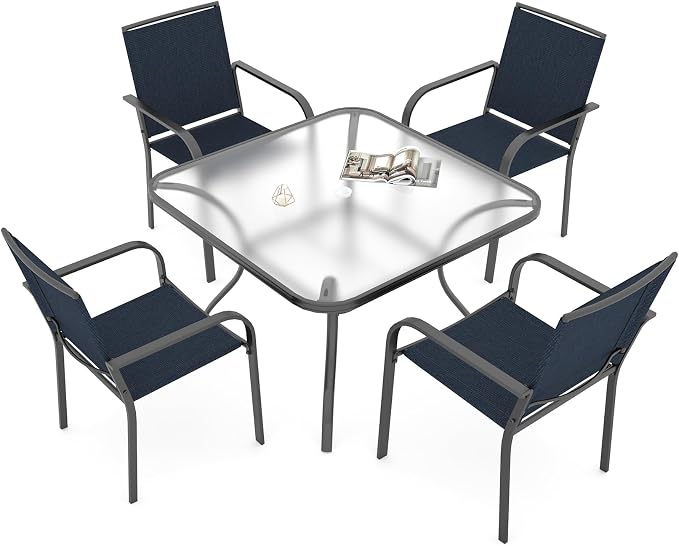Outdoor Patio 37" Square Glass Table and Navy Stackable Chairs Dining Set 5 | 4 Piece Stackable Chairs Textilene Seat and Back, Table & Chair with Metal Frame, Square Glass Table Top, 1.7" Umbrella Hole