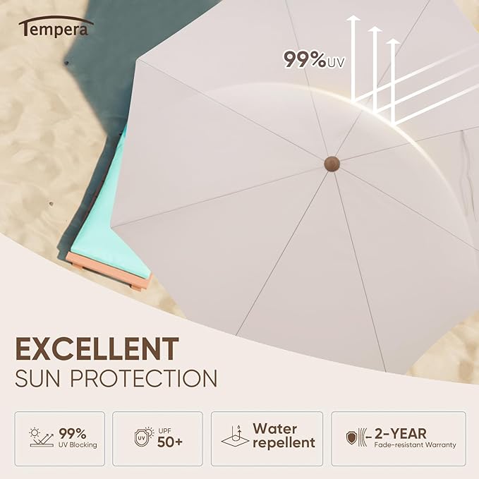 Tempera Heavy Duty High Wind Beach Umbrella with Sand Anchor & Carry Bag | Patio Outdoor Umbrella with Aluminum Frame and Push Button Tilt, Ideal for Travel Garden Lawn, UPF 60+