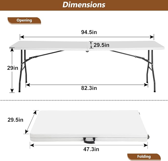 8FT Folding Table, Heavy Duty Foldable Dining Table, Portable Plastic Picnic Table with Handle, Indoor Outdoor Camping Table, Fold-in-Half Rectangular Banquet Party Table – White