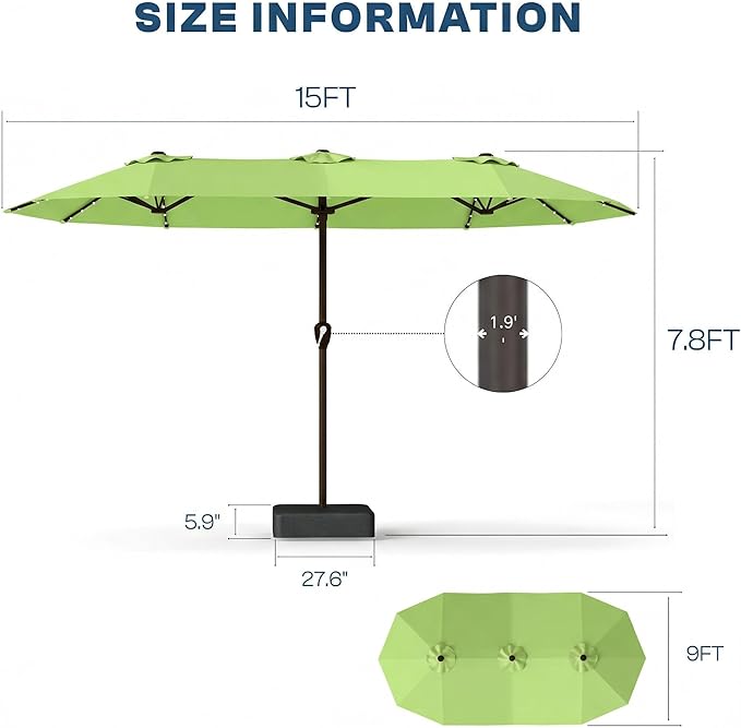 15FT Patio Umbrella with Solar Lights, Double-Sided Extra Large Outdoor Table Umbrella with Base Included, Heavy-Duty 12 Iron Ribs Market Umbrella for Garden, Pool, Backyard, Apple Green