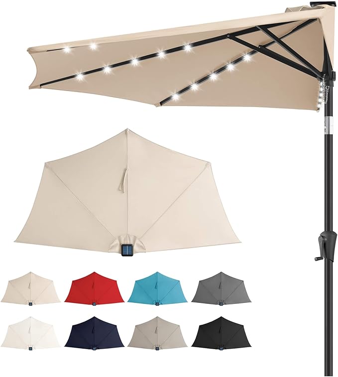9FT Solar Half Umbrellas Outdoor - LED Half Patio Umbrella with 25 Lights, UV Protection Waterproof, Half Round Umbrella for Wall Balcony, Pool, Porch, Garden, Deck, Backyard, Beige