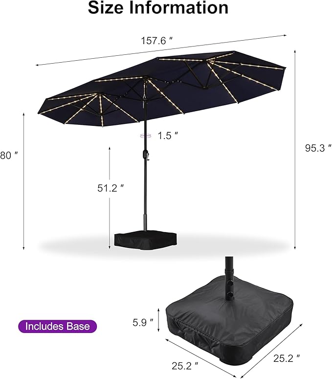 PURPLE LEAF 13ft Patio Market Umbrella with Solar LED and Base Double-Sided Rectangle Outdoor Table Sun Umbrellas with Crank for Pool Beach Deck Backyard Navy Blue