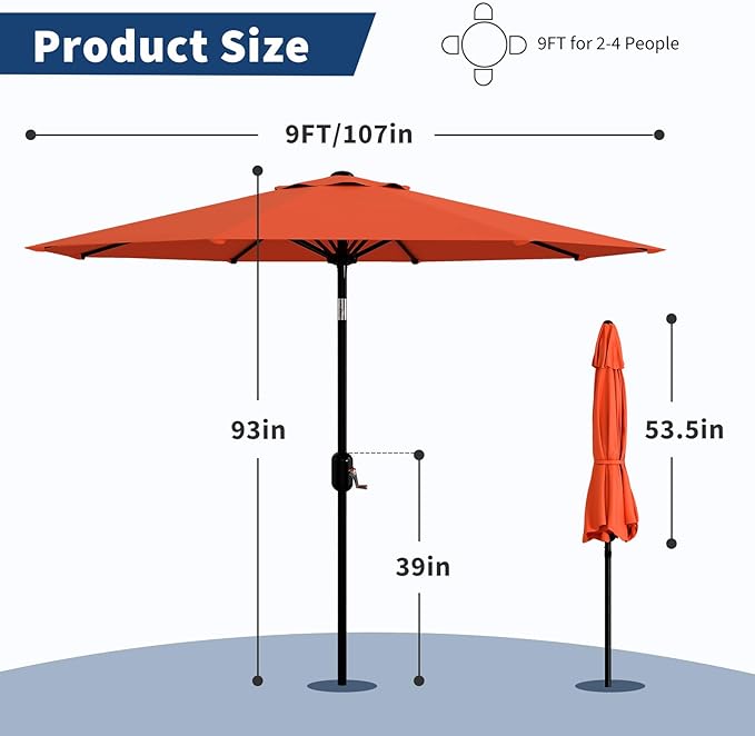 GarveeLife 9FT Patio Umbrella Outdoor, Table Umbrella with Push Button Tilt and Crank, 8 Sturdy Ribs UV Protection Waterproof for Garden, Pool, Market, Deck (Orange)